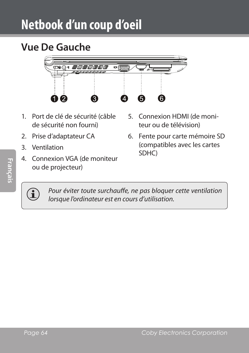 Vue de gauche, Netbook d’un coup d’oeil | COBY electronic NBPC1220 User Manual | Page 64 / 136