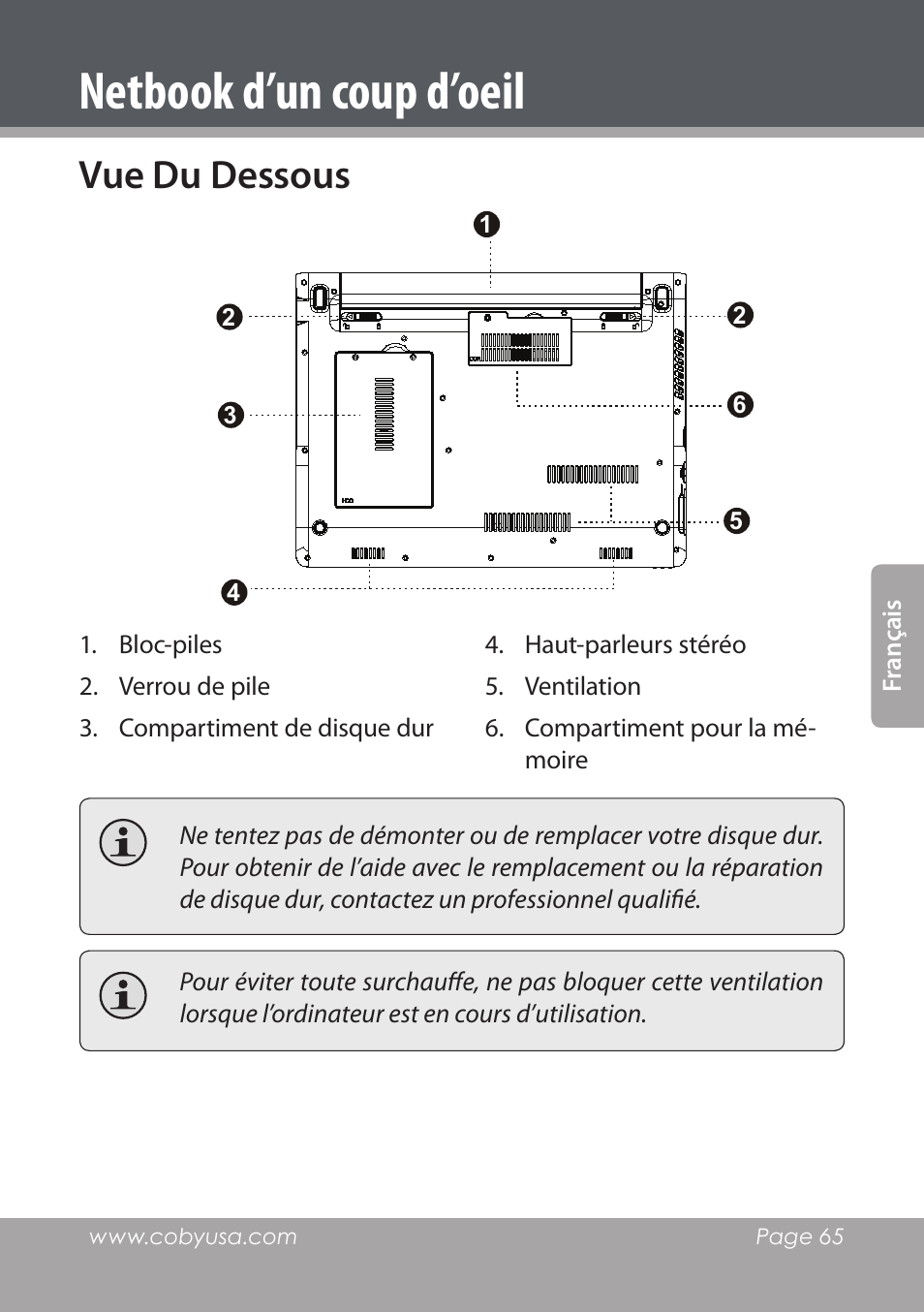 Vue du dessous, Netbook d’un coup d’oeil | COBY electronic NBPC1220 User Manual | Page 65 / 136