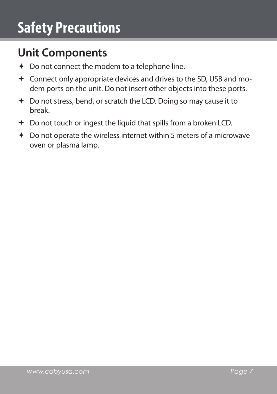 Unit components, Safety precautions | COBY electronic NBPC1220 User Manual | Page 7 / 136