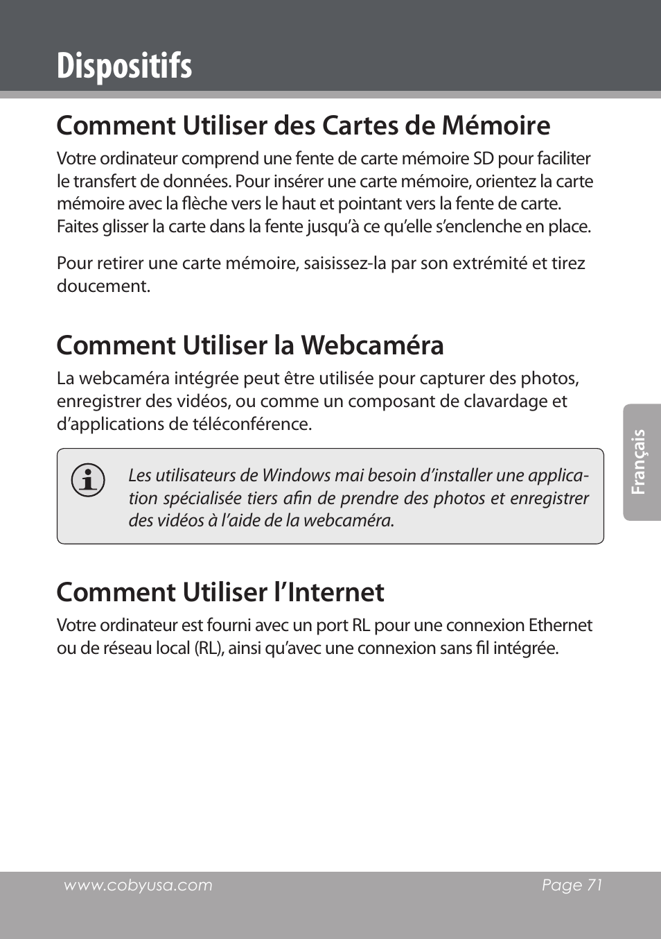 Dispositifs, Comment utiliser des cartes de mémoire, Comment utiliser la webcaméra | Comment utiliser l’internet | COBY electronic NBPC1220 User Manual | Page 71 / 136