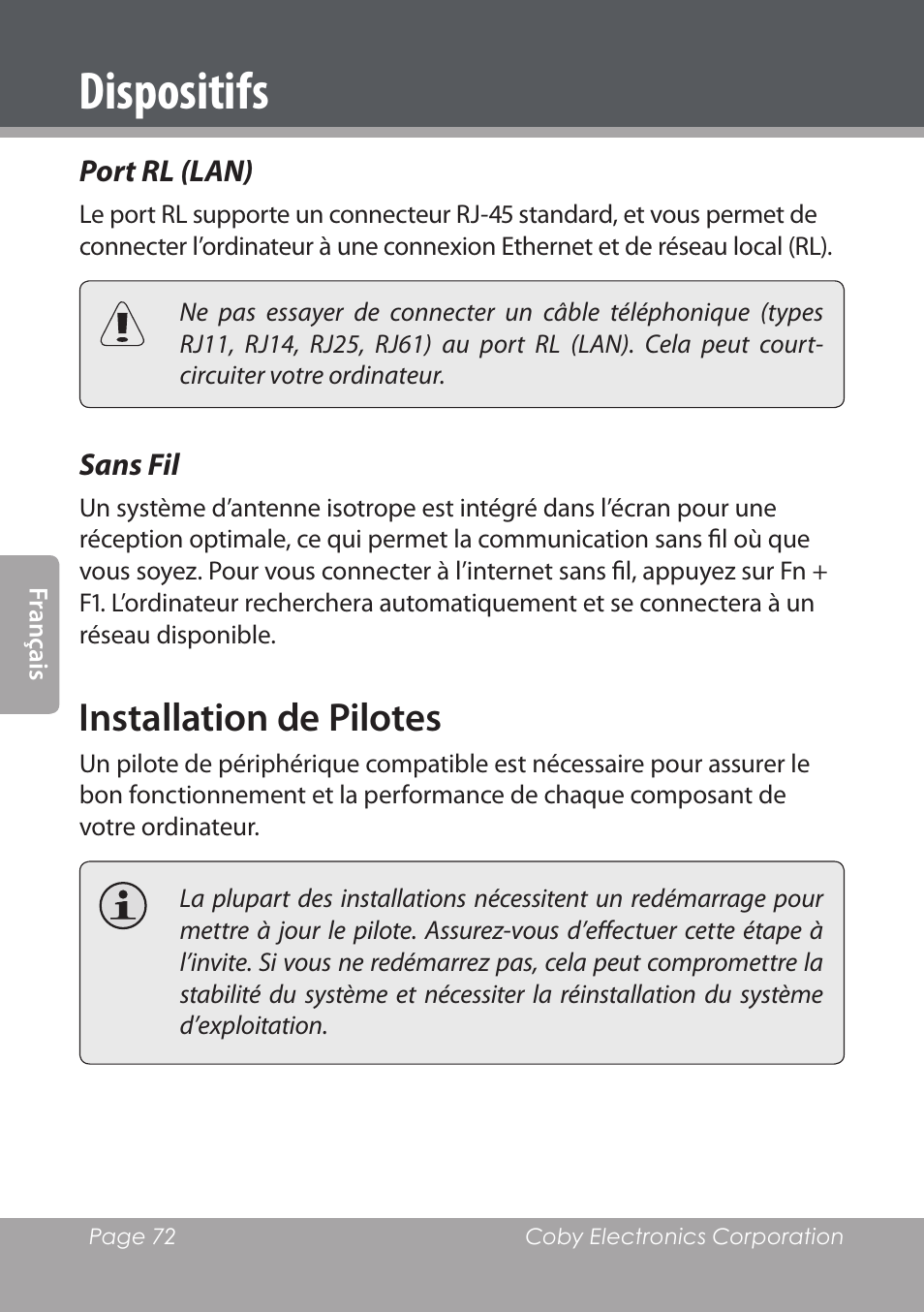 Port rl (lan), Sans fil, Installation de pilotes | Dispositifs | COBY electronic NBPC1220 User Manual | Page 72 / 136