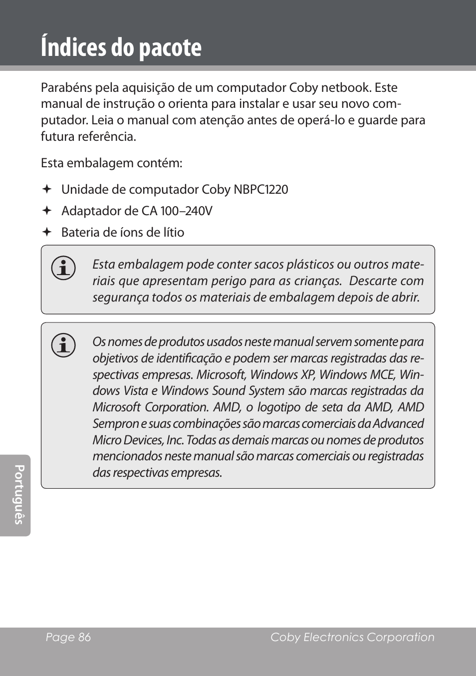 Índices do pacote | COBY electronic NBPC1220 User Manual | Page 86 / 136