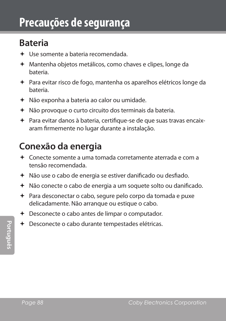 Bateria, Conexão da energia, Precauções de segurança | COBY electronic NBPC1220 User Manual | Page 88 / 136