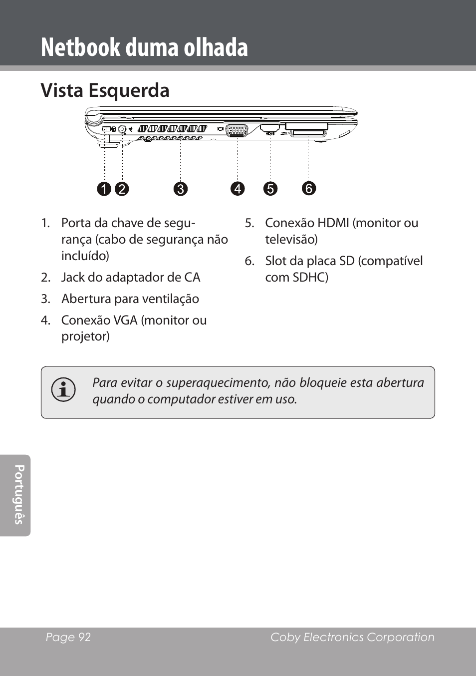 Vista esquerda, Netbook duma olhada | COBY electronic NBPC1220 User Manual | Page 92 / 136