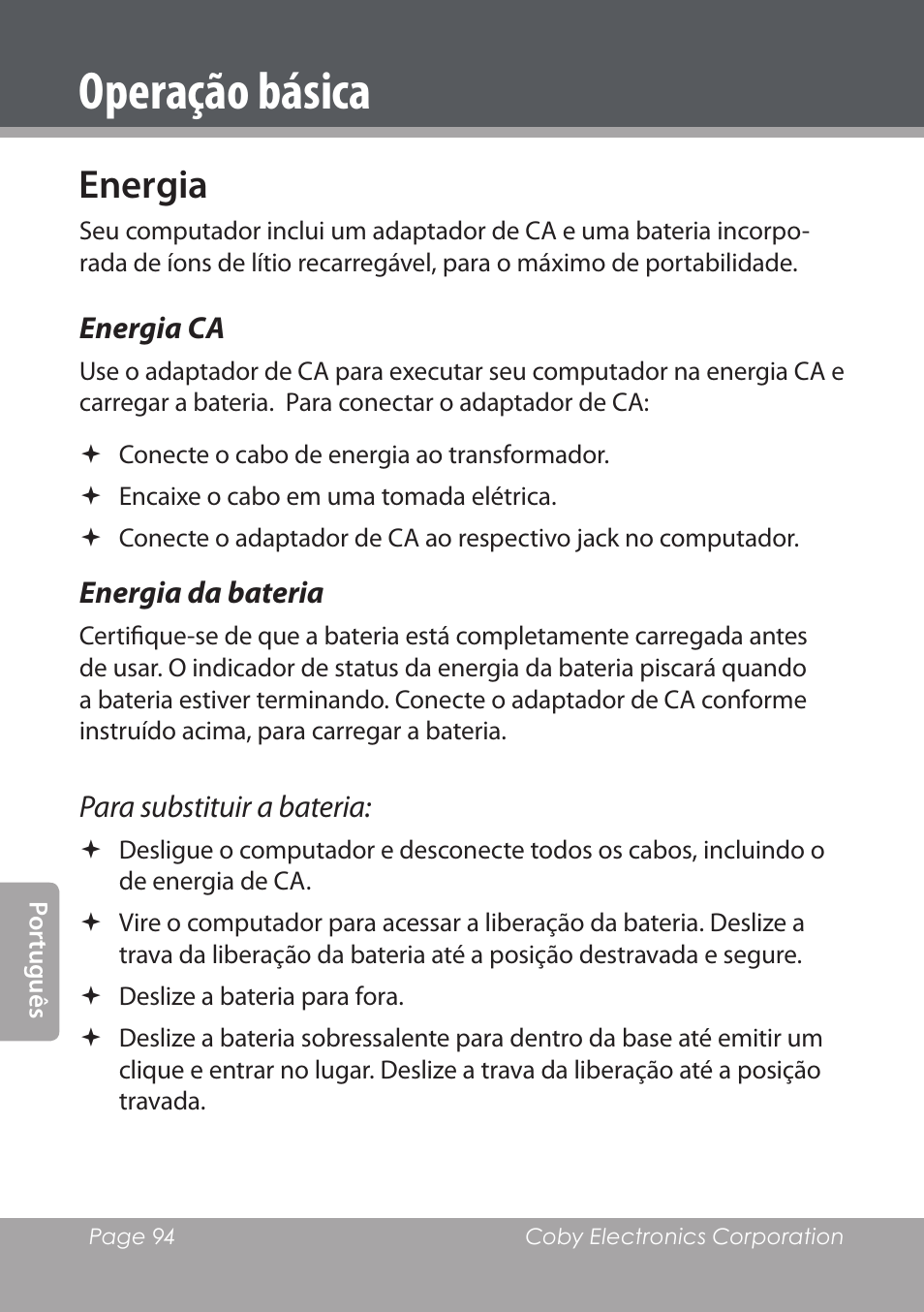 Operação básica, Energia, Energia ca | Energia da bateria | COBY electronic NBPC1220 User Manual | Page 94 / 136