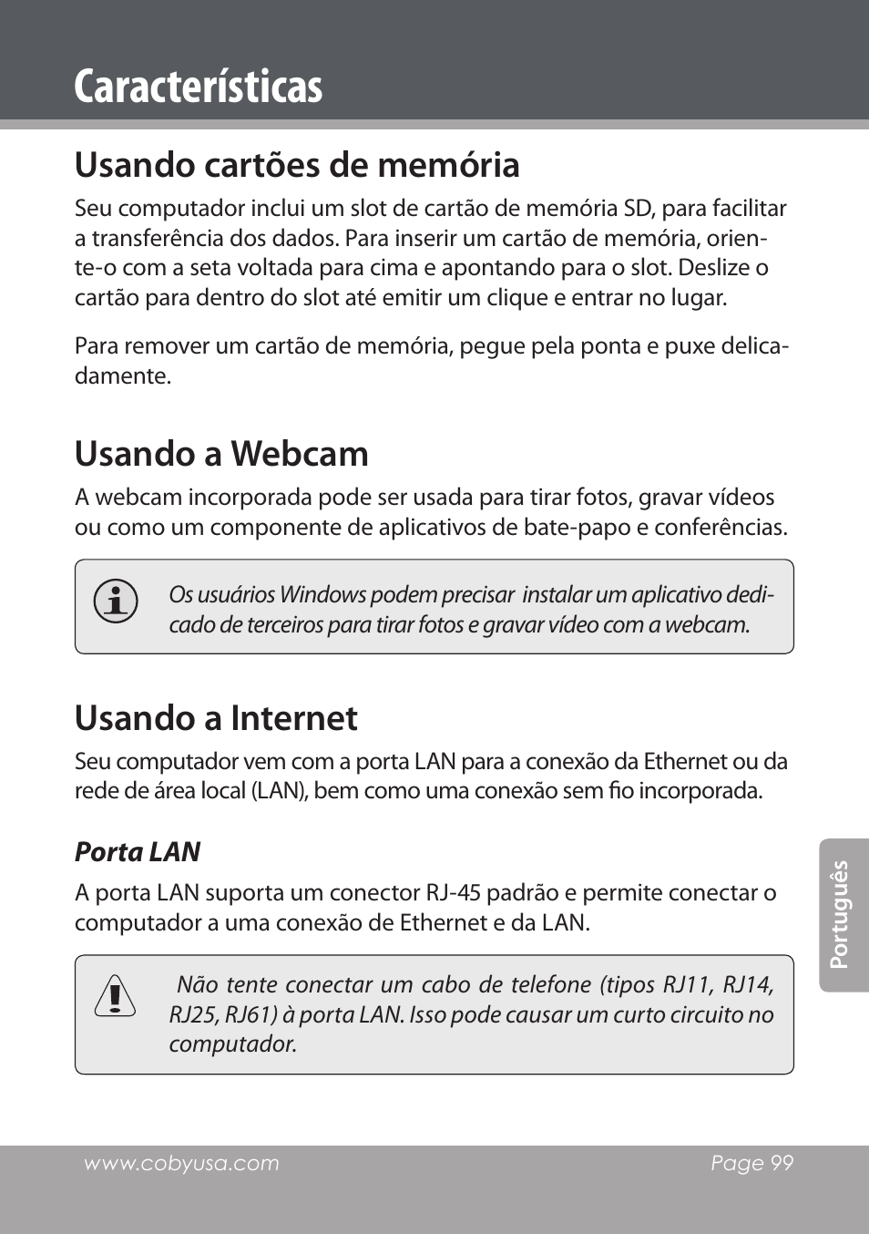 Características, Usando cartões de memória, Usando a webcam | Usando a internet, Porta lan | COBY electronic NBPC1220 User Manual | Page 99 / 136