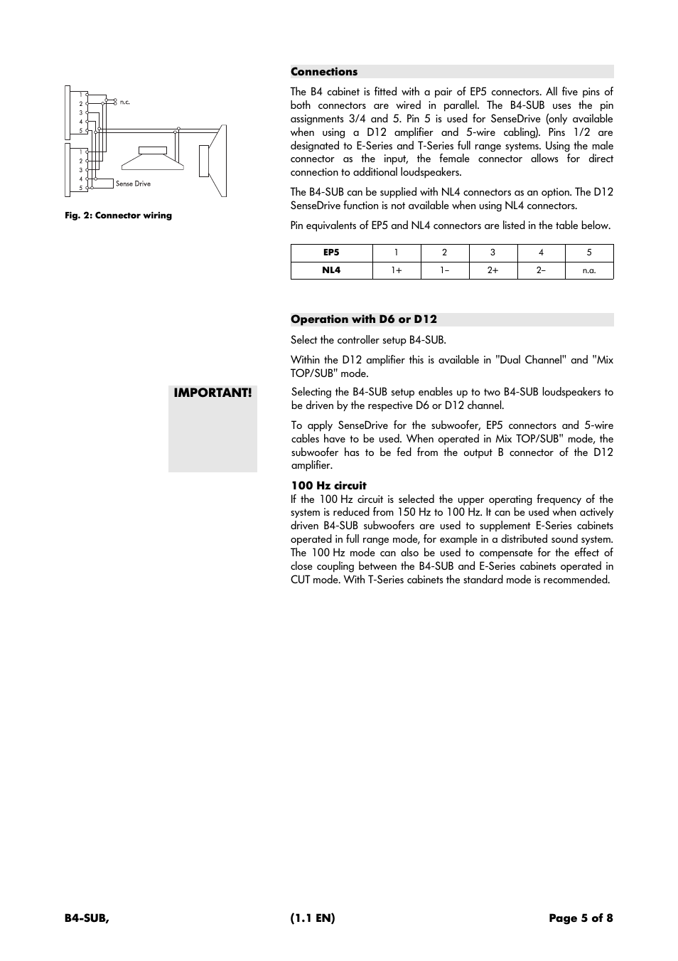 Connections, Operation with d6 or d12 | d&b B4-SUB User Manual | Page 5 / 8