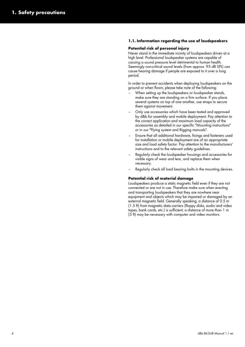 Safety precautions, Information regarding the use of loudspeakers | d&b B6-SUB User Manual | Page 4 / 10