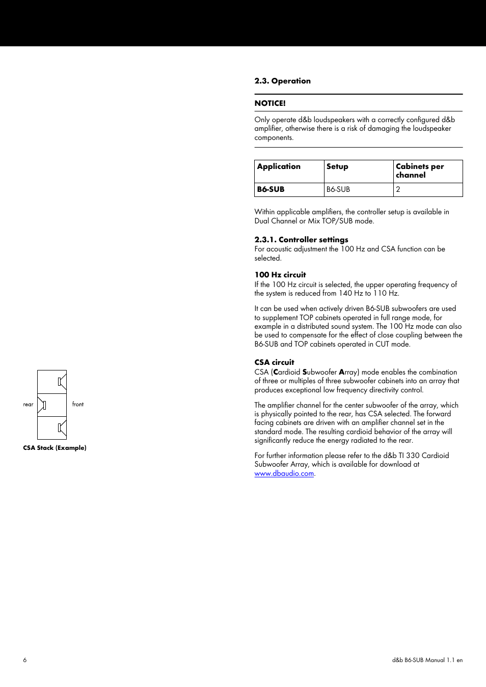 Operation, Controller settings, Operation 2.3.1. controller settings | d&b B6-SUB User Manual | Page 6 / 10