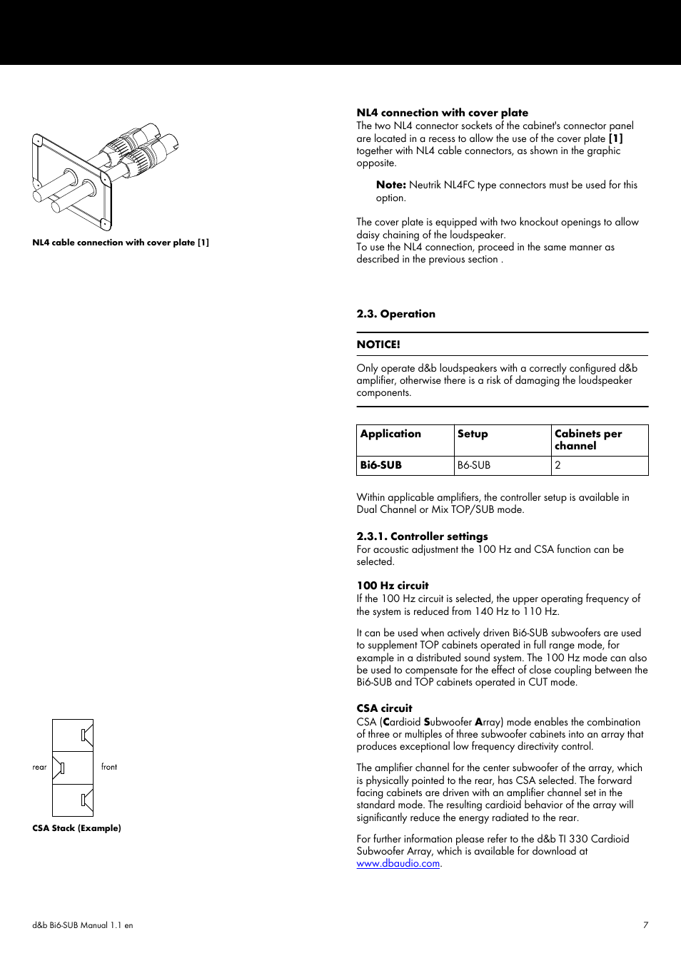 Operation, Controller settings, Operation 2.3.1. controller settings | d&b Bi6-SUB User Manual | Page 7 / 10