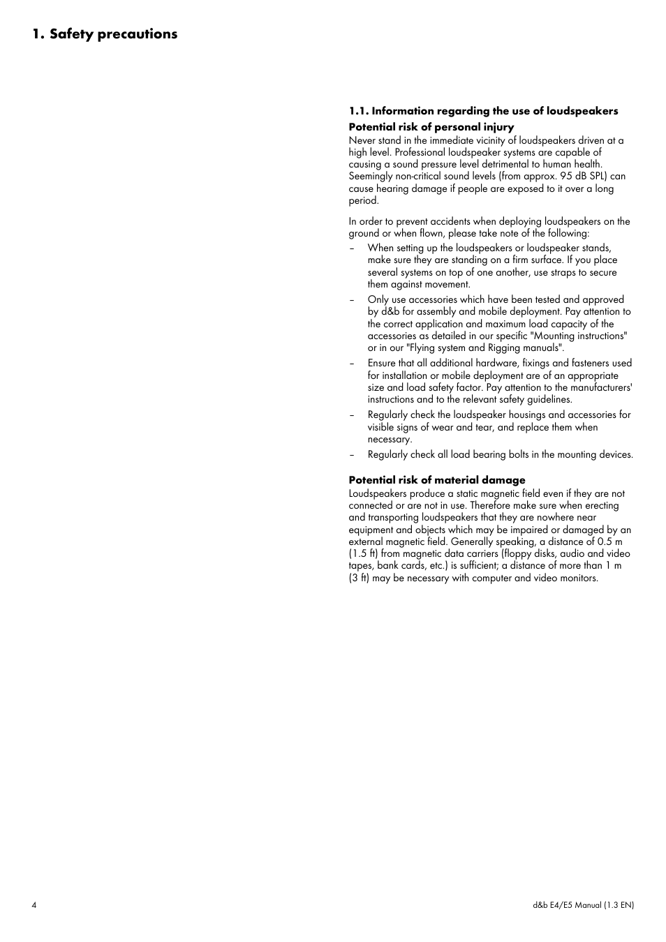 Safety precautions, Information regarding the use of loudspeakers | d&b E4 User Manual | Page 4 / 10