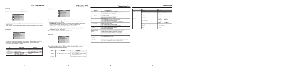 Trouble shooting, Specification, Lcd setup for dvd | COBY electronic TF-DVD1770 User Manual | Page 6 / 6