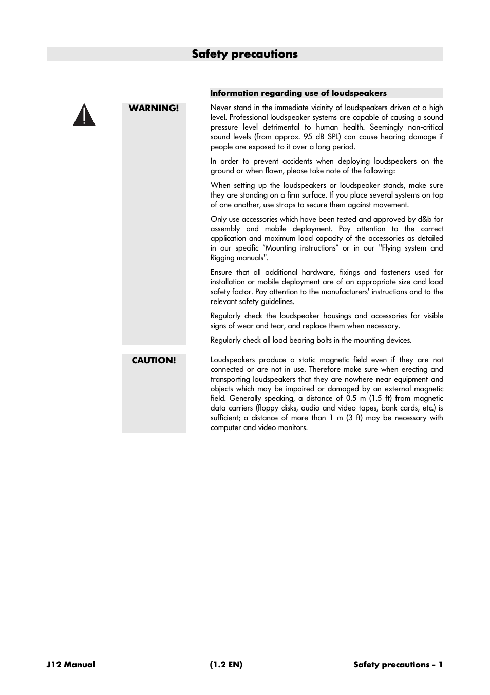 Safety precautions, Information regarding use of loudspeakers | d&b J12 User Manual | Page 3 / 8