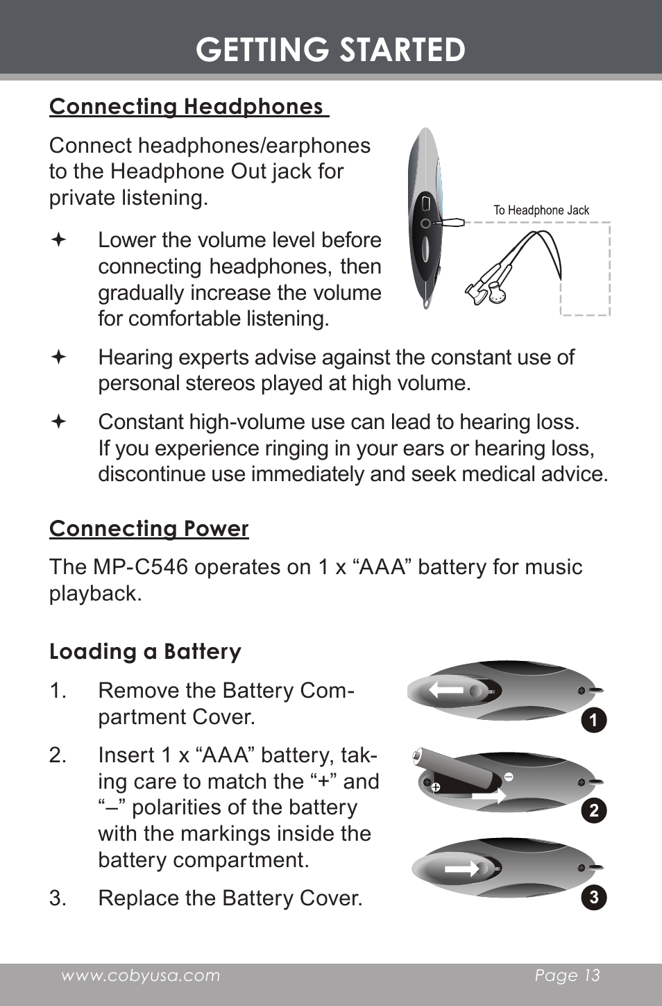 Connecting headphones, Connecting power, Loading a battery | Getting started | COBY electronic MP-C546 User Manual | Page 13 / 44