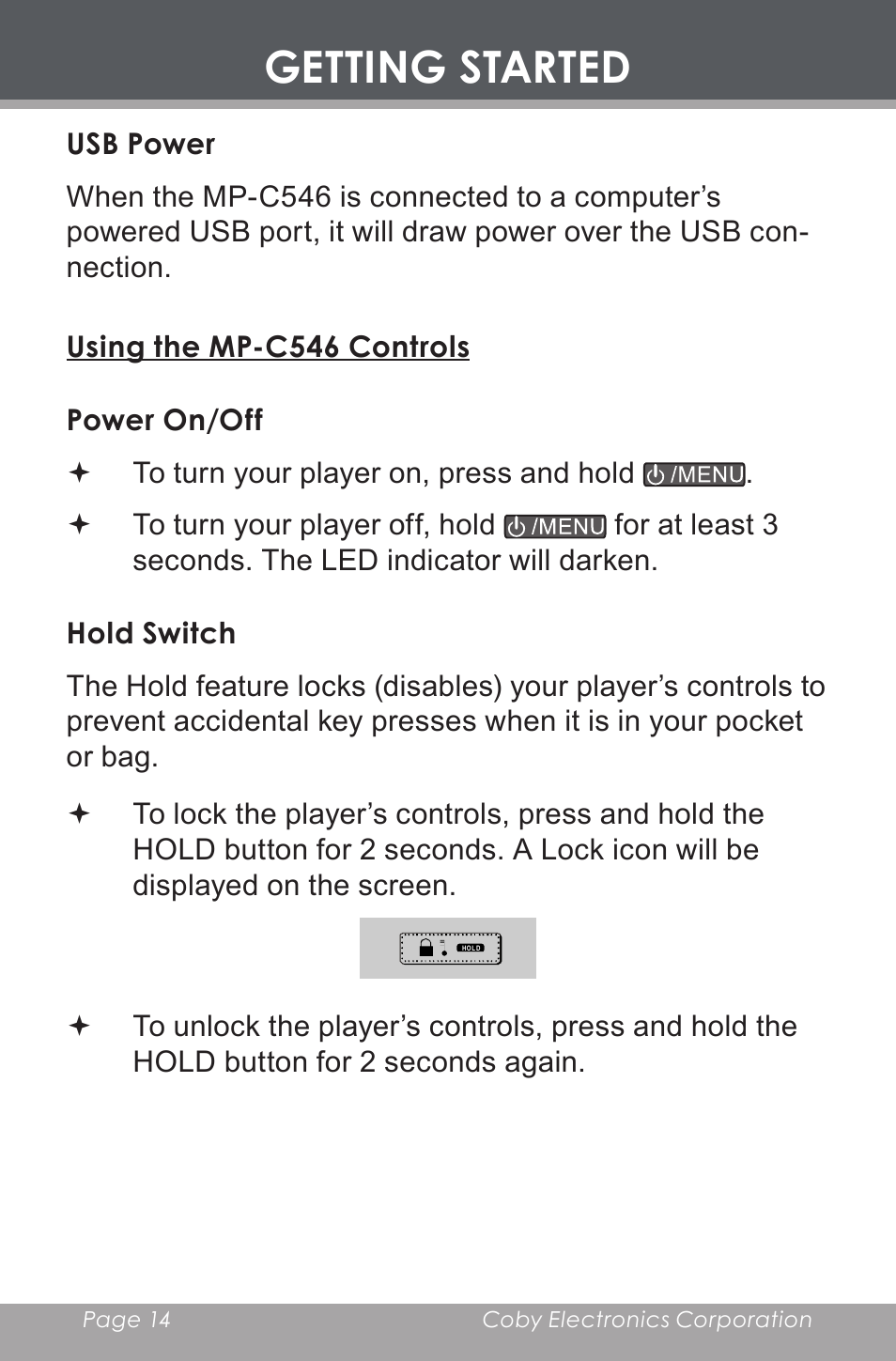 Usb power, Using the mp-c546 controls, Power on/off | Hold switch, Getting started | COBY electronic MP-C546 User Manual | Page 14 / 44