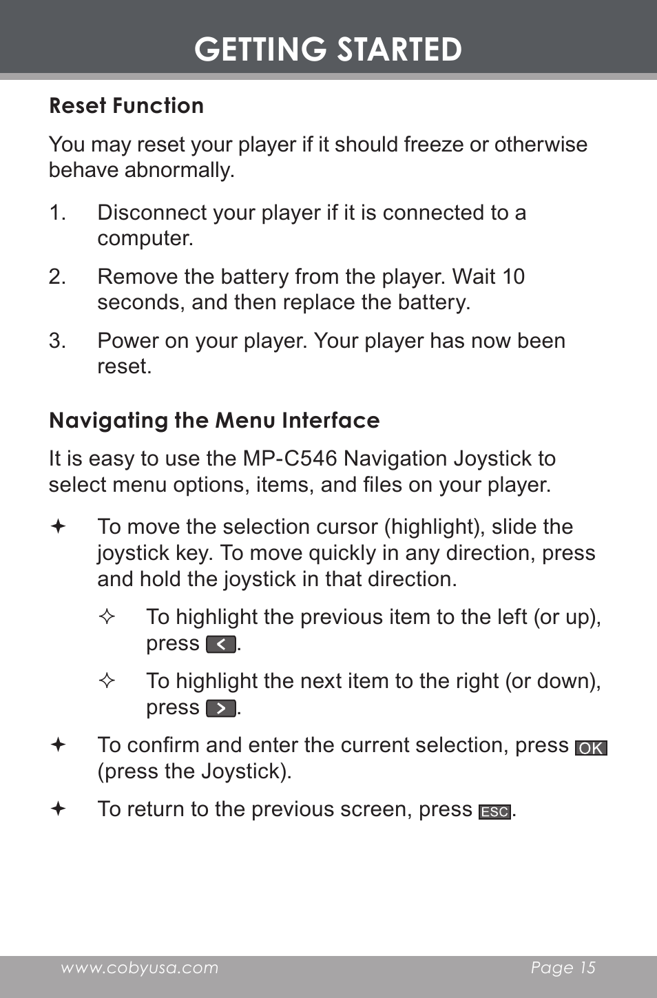 Reset function, Navigating the menu interface, Getting started | COBY electronic MP-C546 User Manual | Page 15 / 44