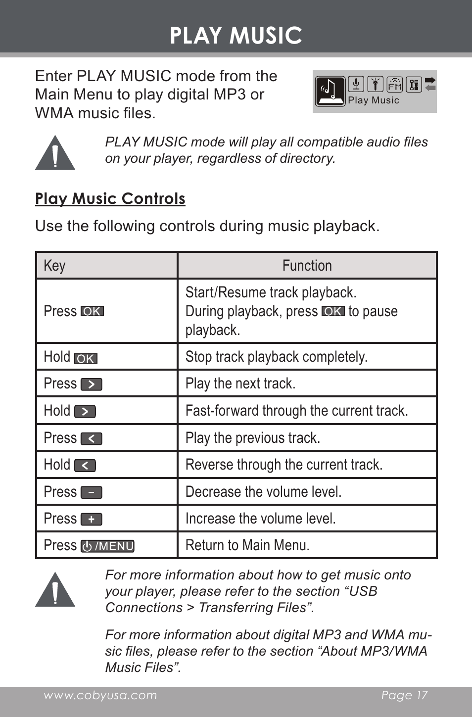 Play music, Play music controls | COBY electronic MP-C546 User Manual | Page 17 / 44