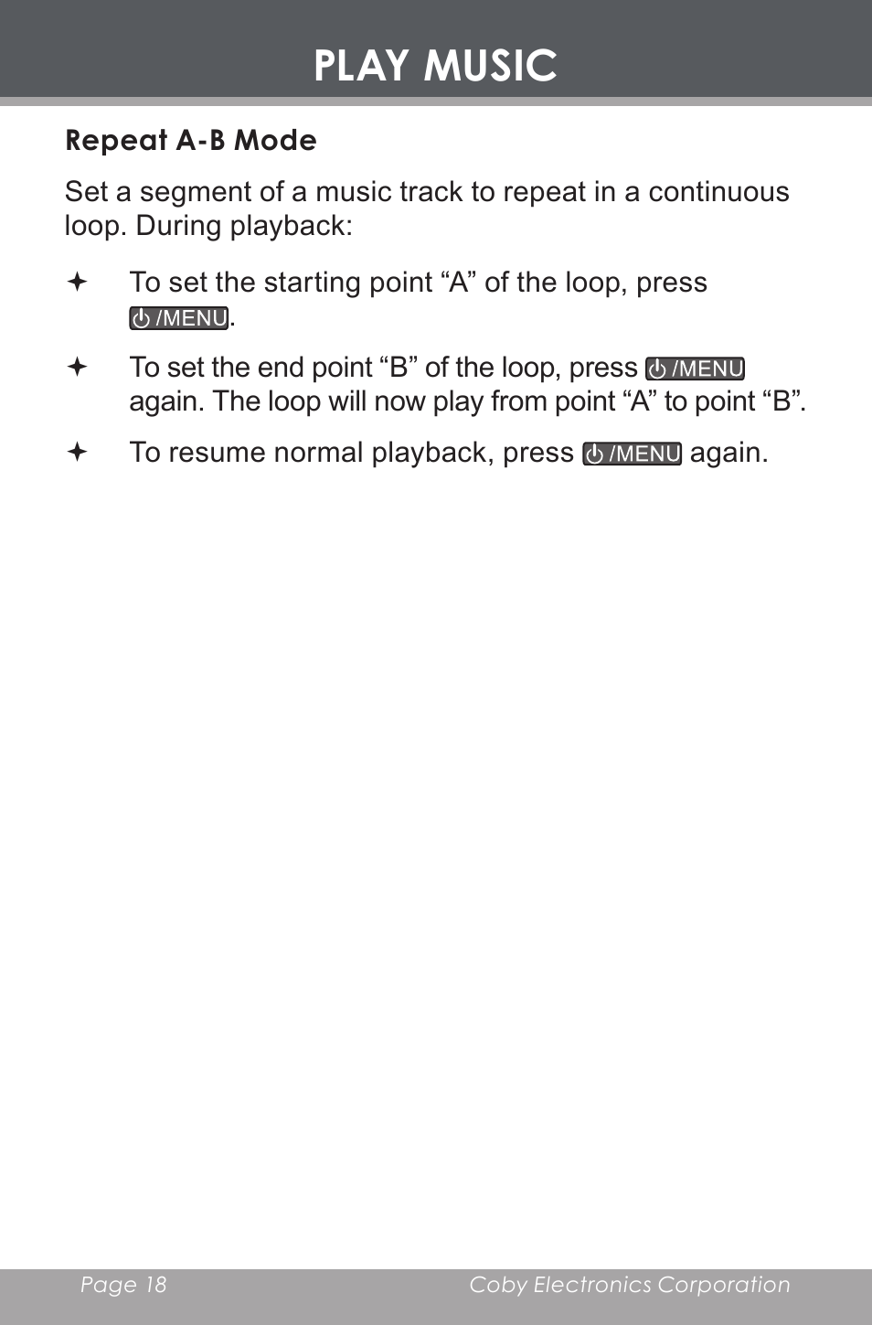 Play music, Repeat a-b mode | COBY electronic MP-C546 User Manual | Page 18 / 44