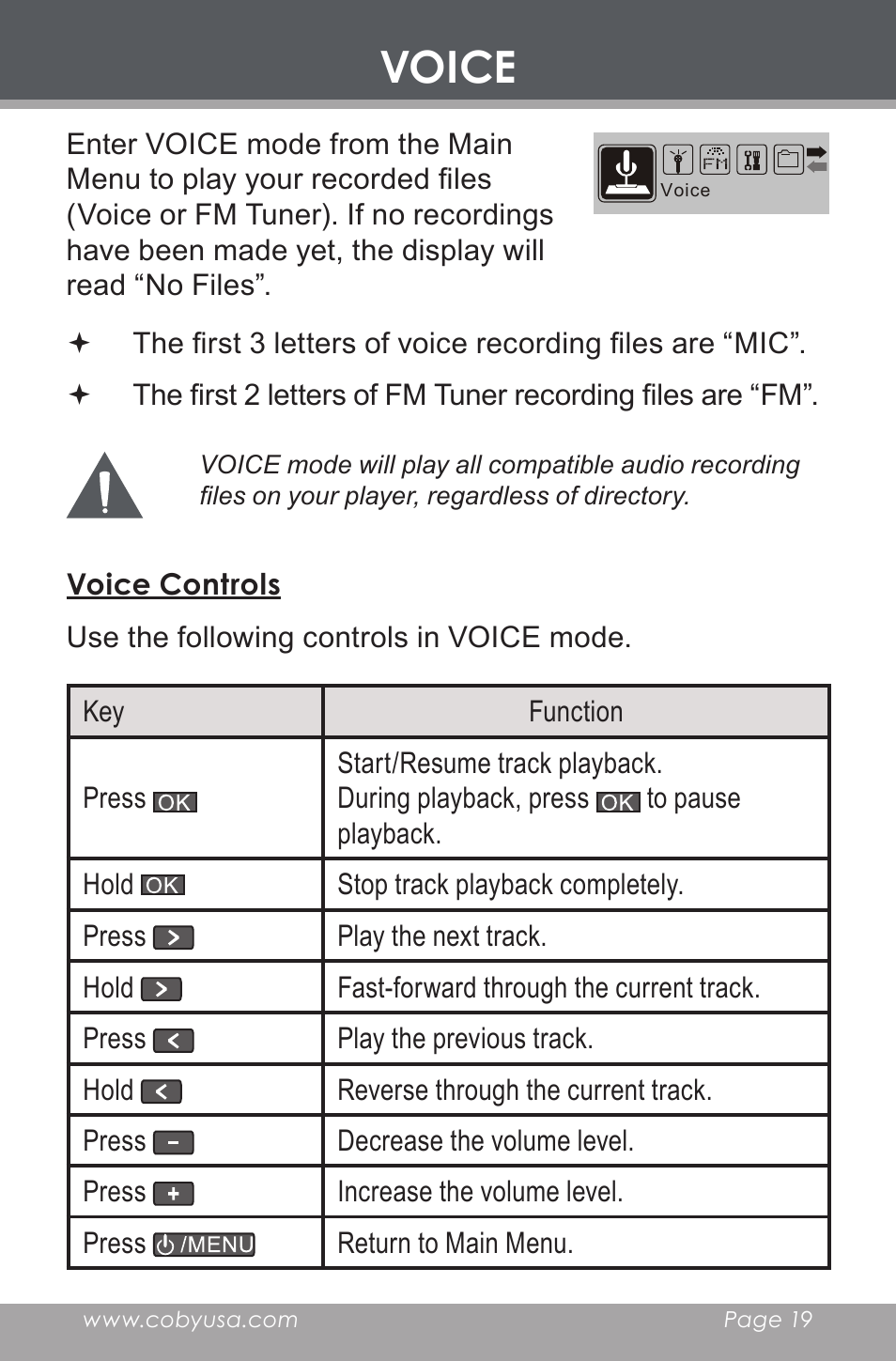 Voice, Voice controls | COBY electronic MP-C546 User Manual | Page 19 / 44