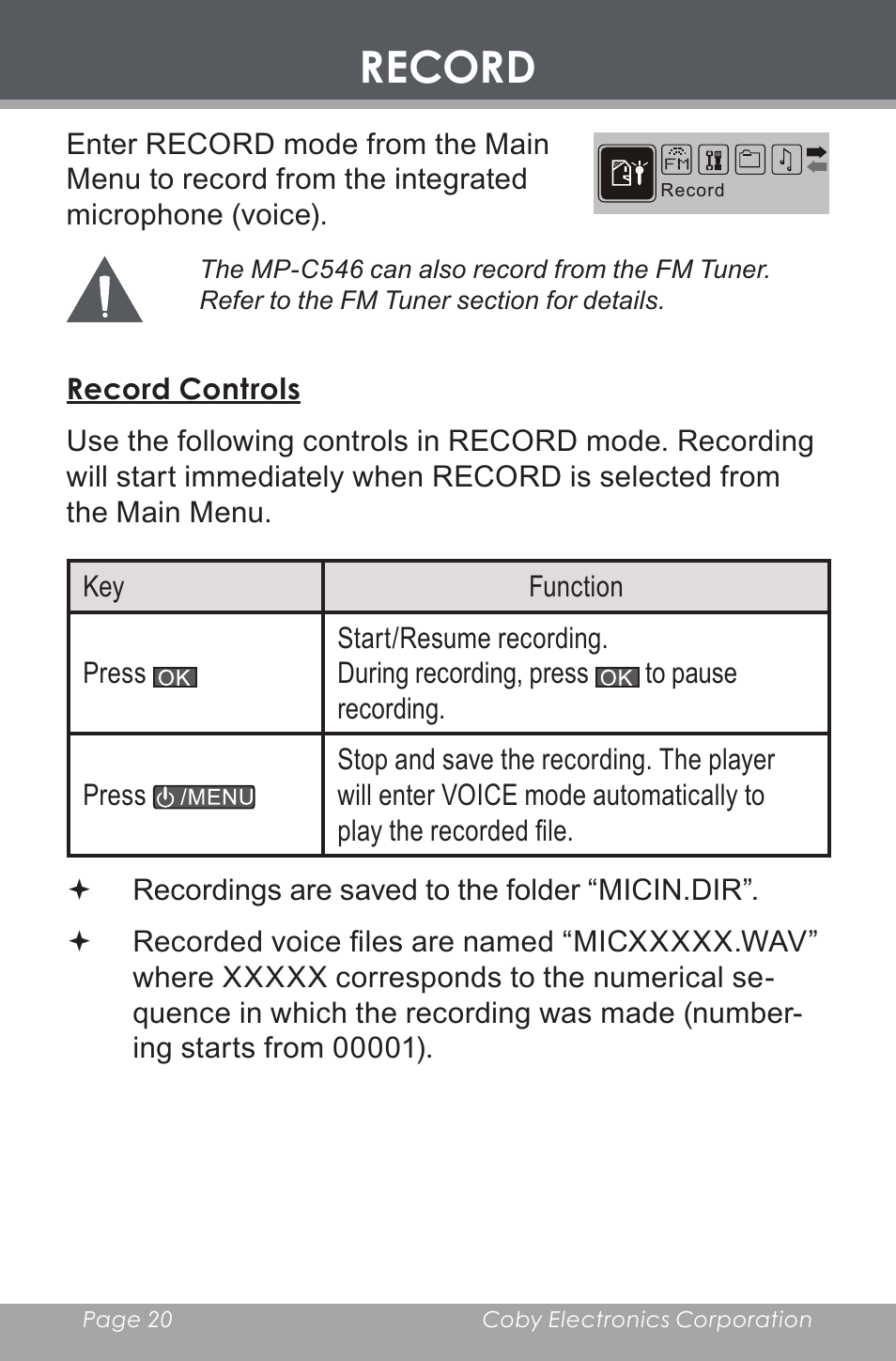 Record, Record controls | COBY electronic MP-C546 User Manual | Page 20 / 44