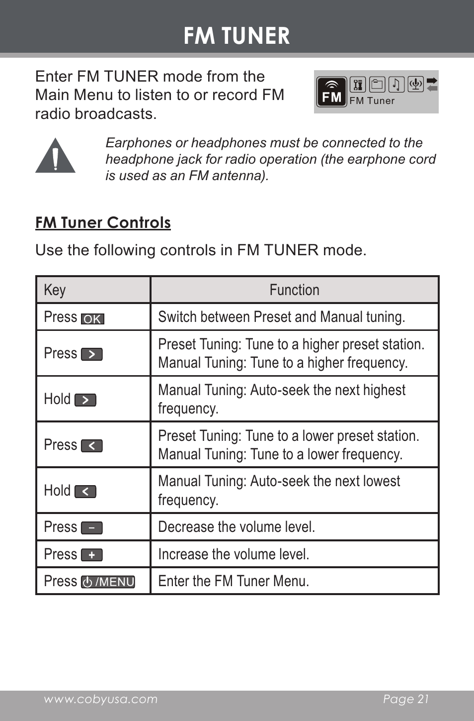 Fm tuner, Fm tuner controls | COBY electronic MP-C546 User Manual | Page 21 / 44