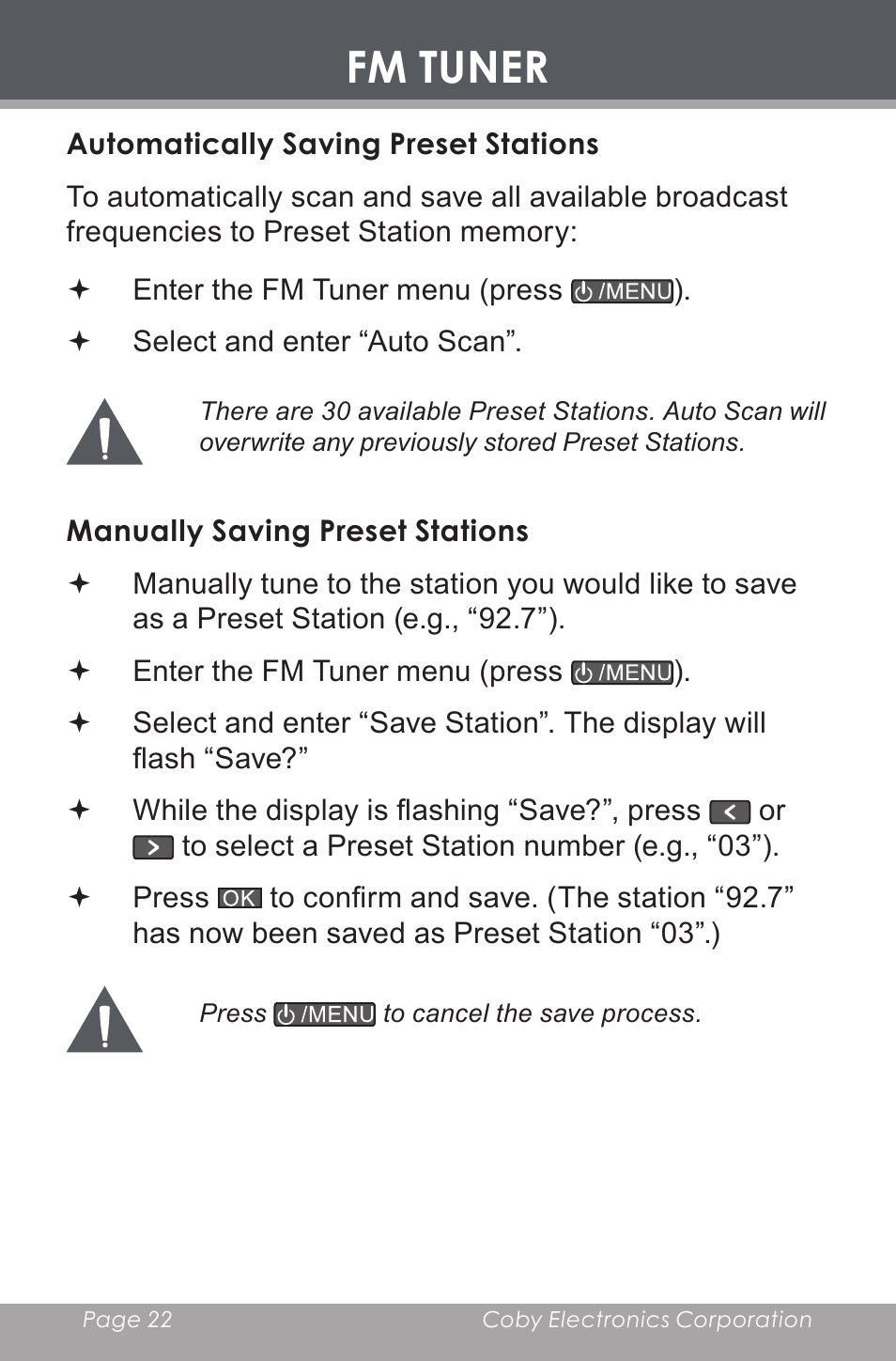 Automatically saving preset stations, Manually saving preset stations, Fm tuner | COBY electronic MP-C546 User Manual | Page 22 / 44