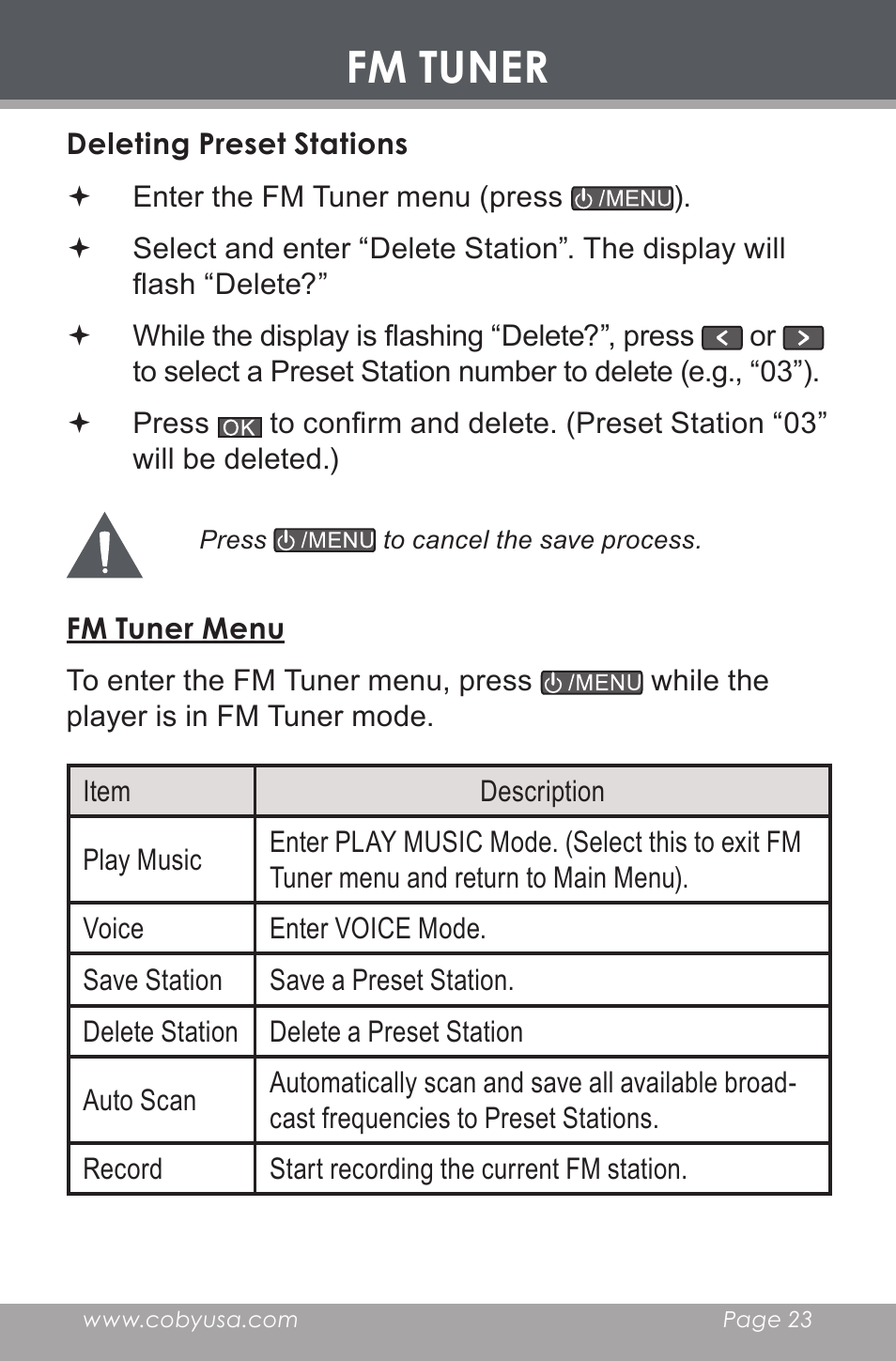 Deleting preset stations, Fm tuner menu, Fm tuner | COBY electronic MP-C546 User Manual | Page 23 / 44