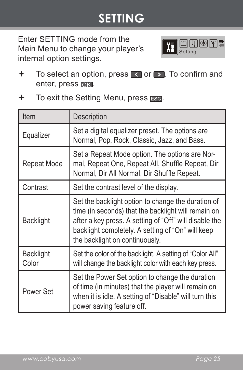 Setting | COBY electronic MP-C546 User Manual | Page 25 / 44