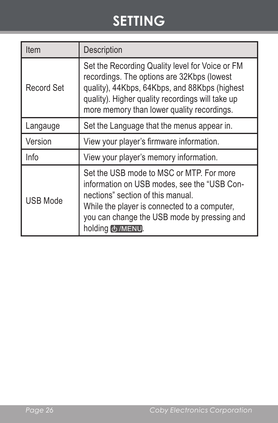 Setting | COBY electronic MP-C546 User Manual | Page 26 / 44