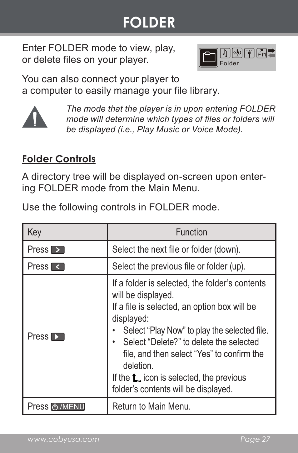 Folder, Folder controls | COBY electronic MP-C546 User Manual | Page 27 / 44