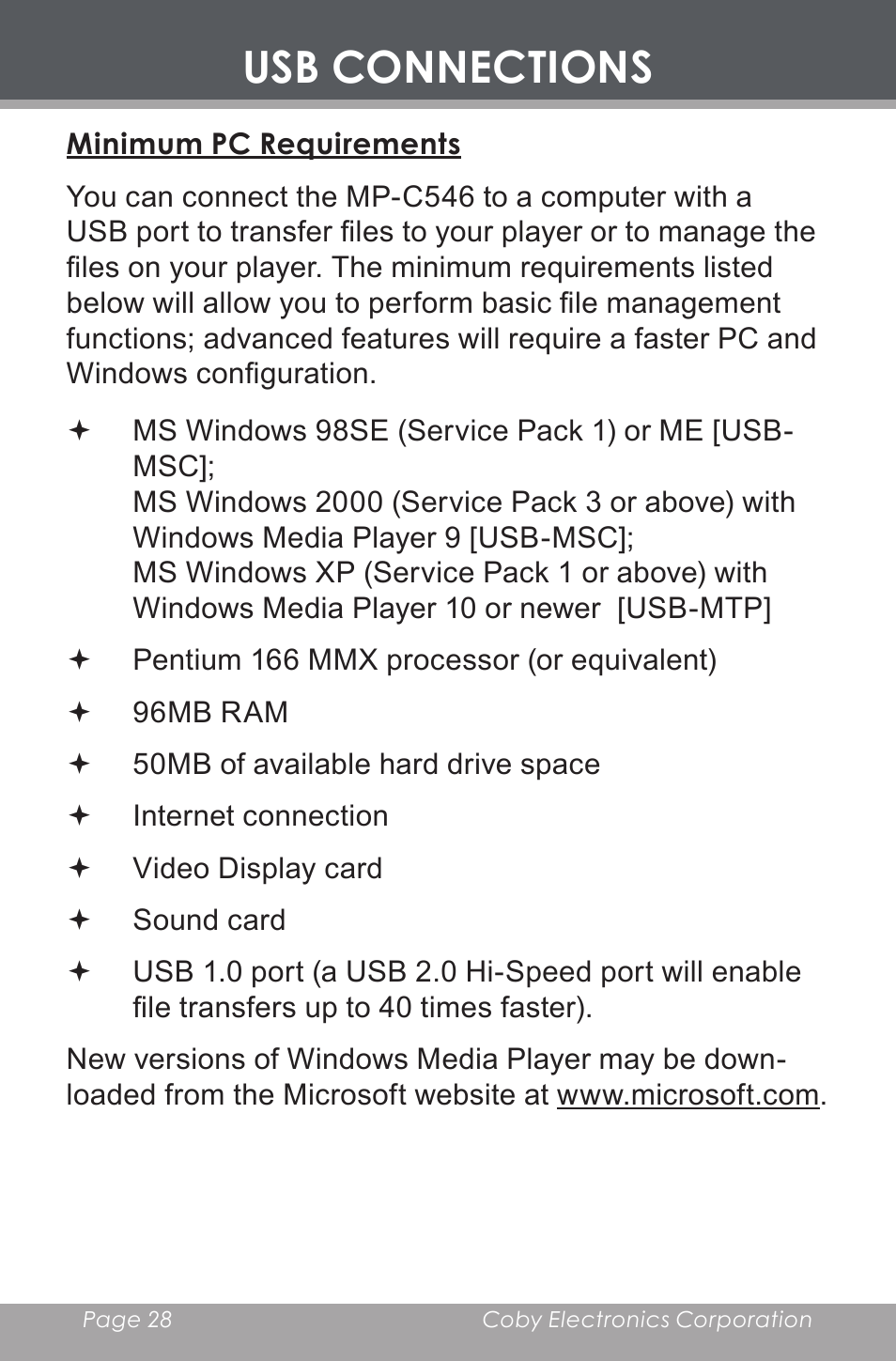 Usb connections, Minimum pc requirements | COBY electronic MP-C546 User Manual | Page 28 / 44