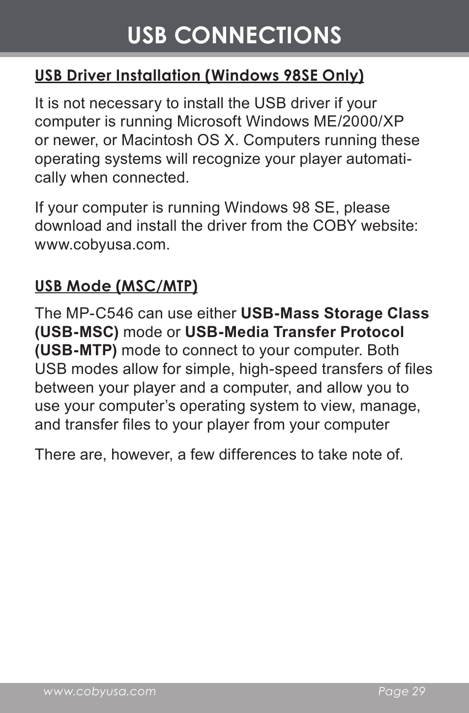 Usb driver installation (windows 98se only), Usb mode (msc/mtp), Usb connections | COBY electronic MP-C546 User Manual | Page 29 / 44