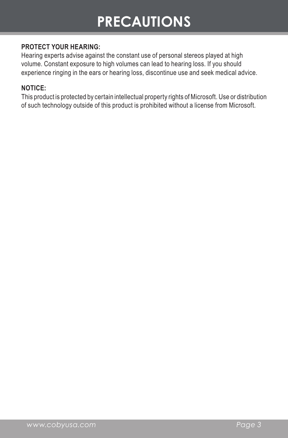 Precautions | COBY electronic MP-C546 User Manual | Page 3 / 44