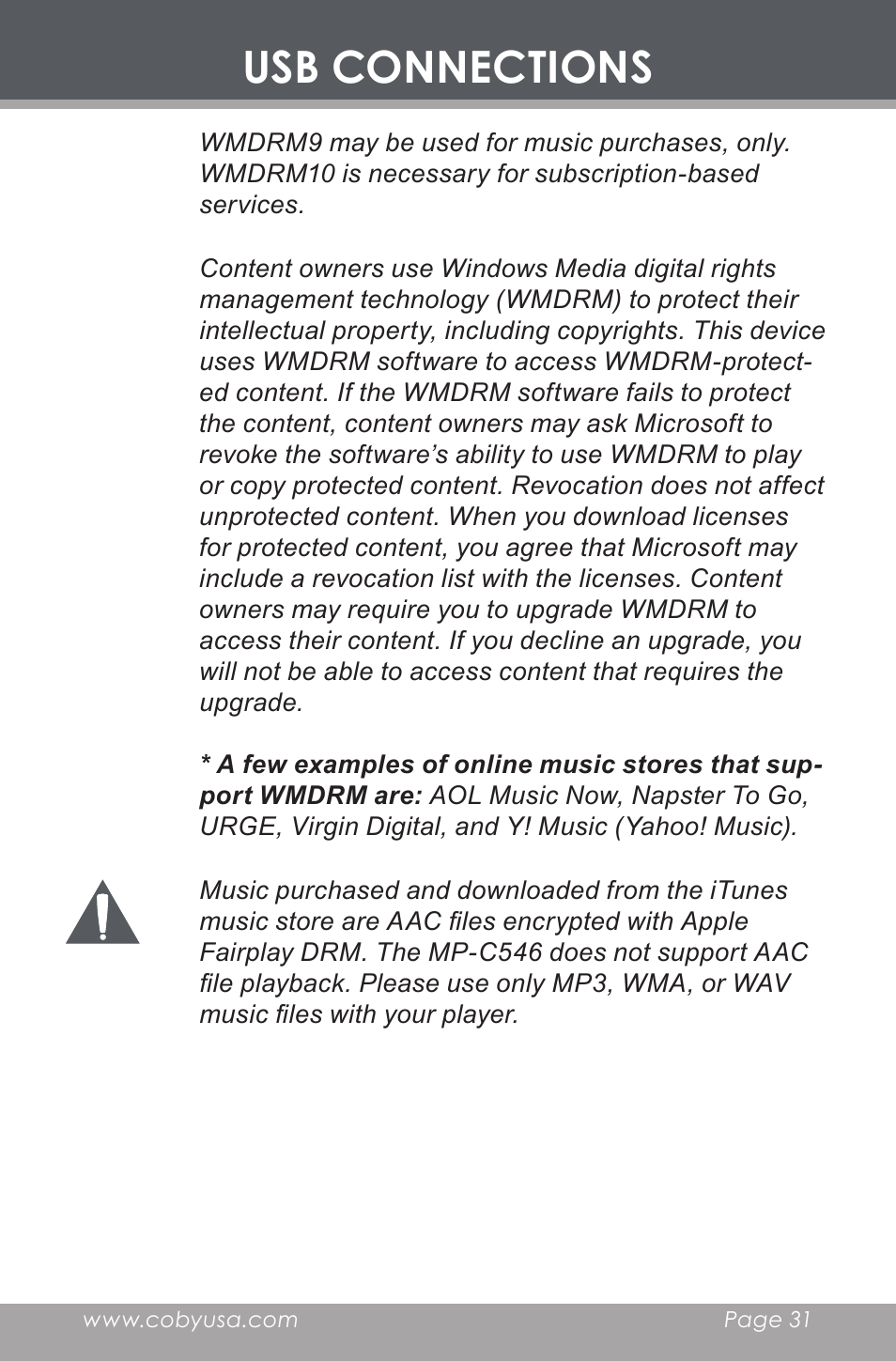 Usb connections | COBY electronic MP-C546 User Manual | Page 31 / 44