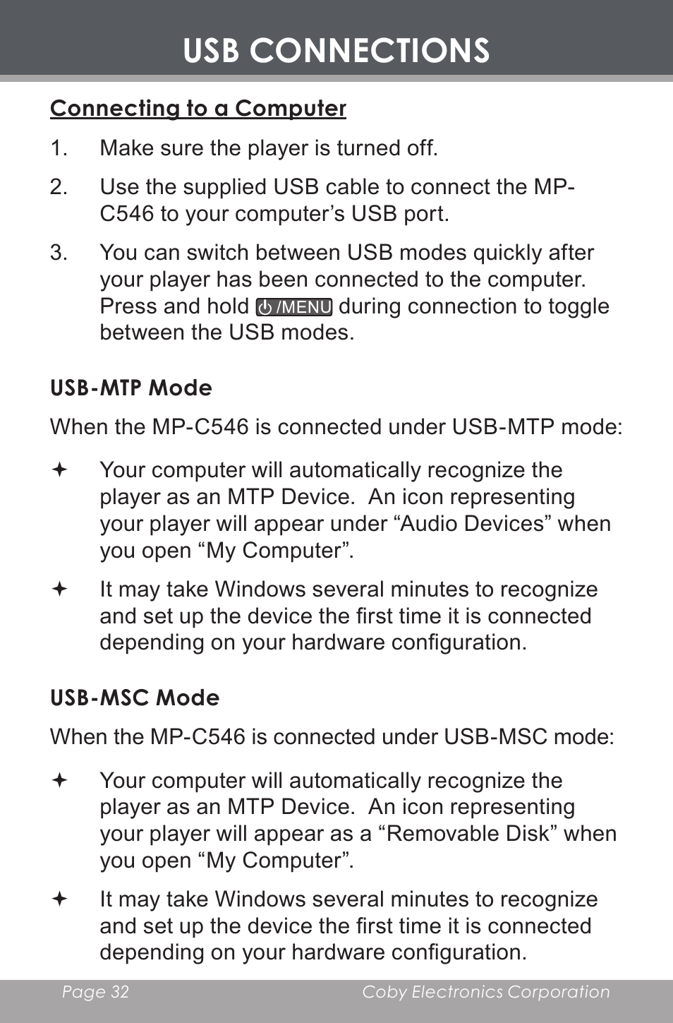 Connecting to a computer, Usb-mtp mode, Usb-msc mode | Usb connections | COBY electronic MP-C546 User Manual | Page 32 / 44