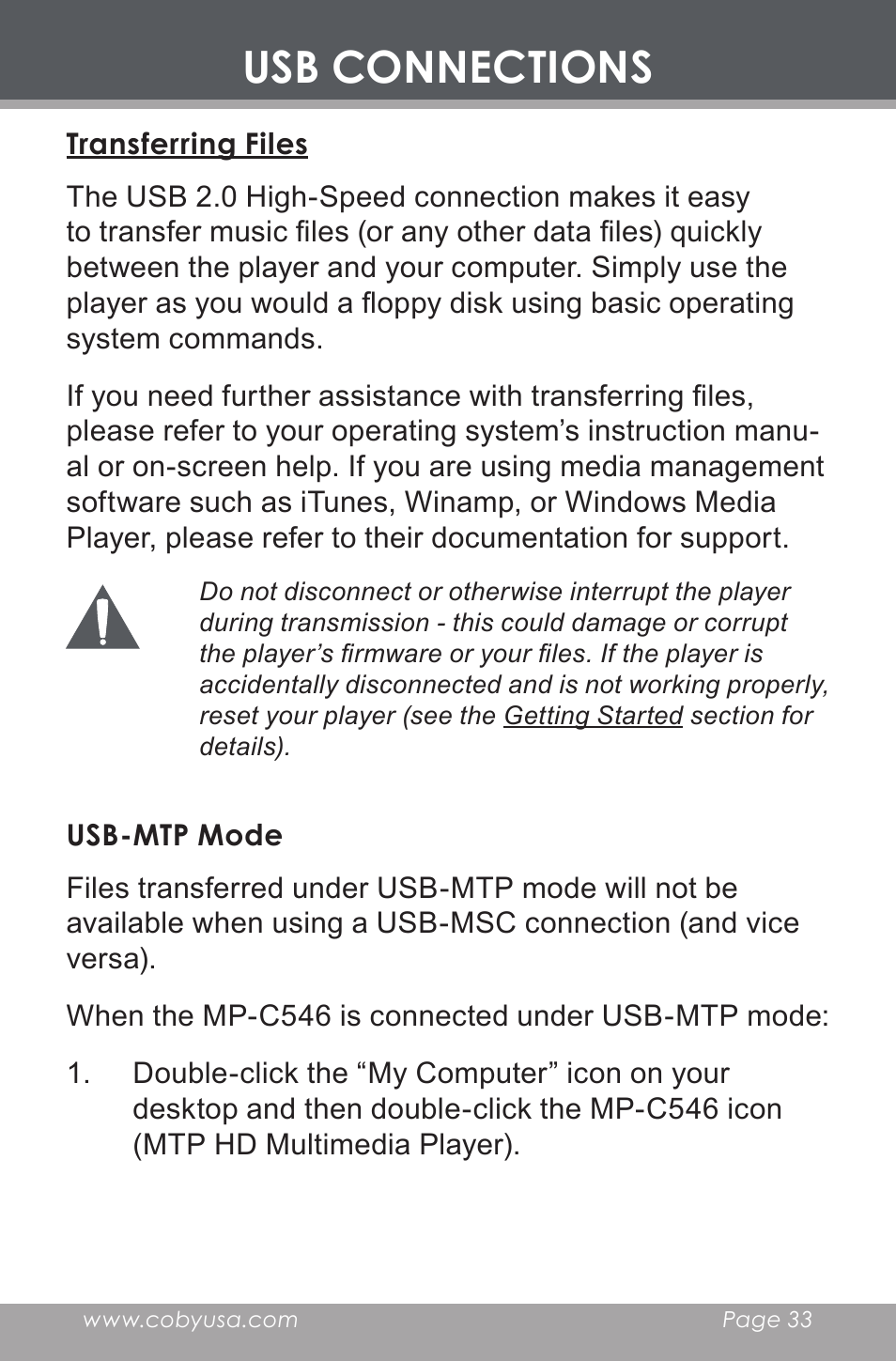 Transferring files, Usb-mtp mode, Usb connections | COBY electronic MP-C546 User Manual | Page 33 / 44