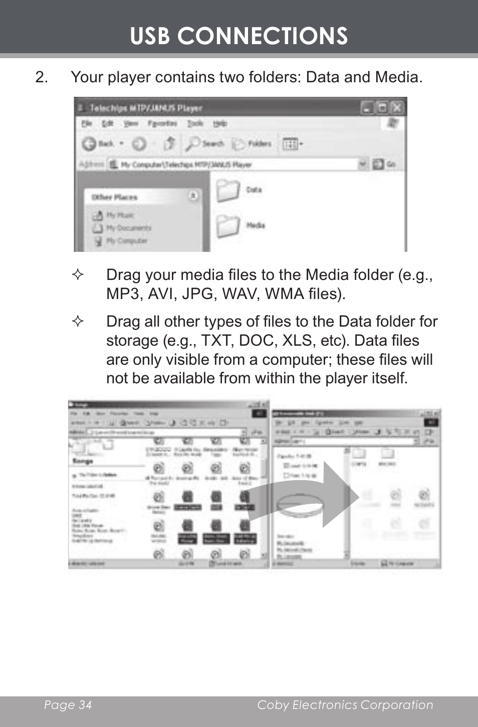 Usb connections | COBY electronic MP-C546 User Manual | Page 34 / 44
