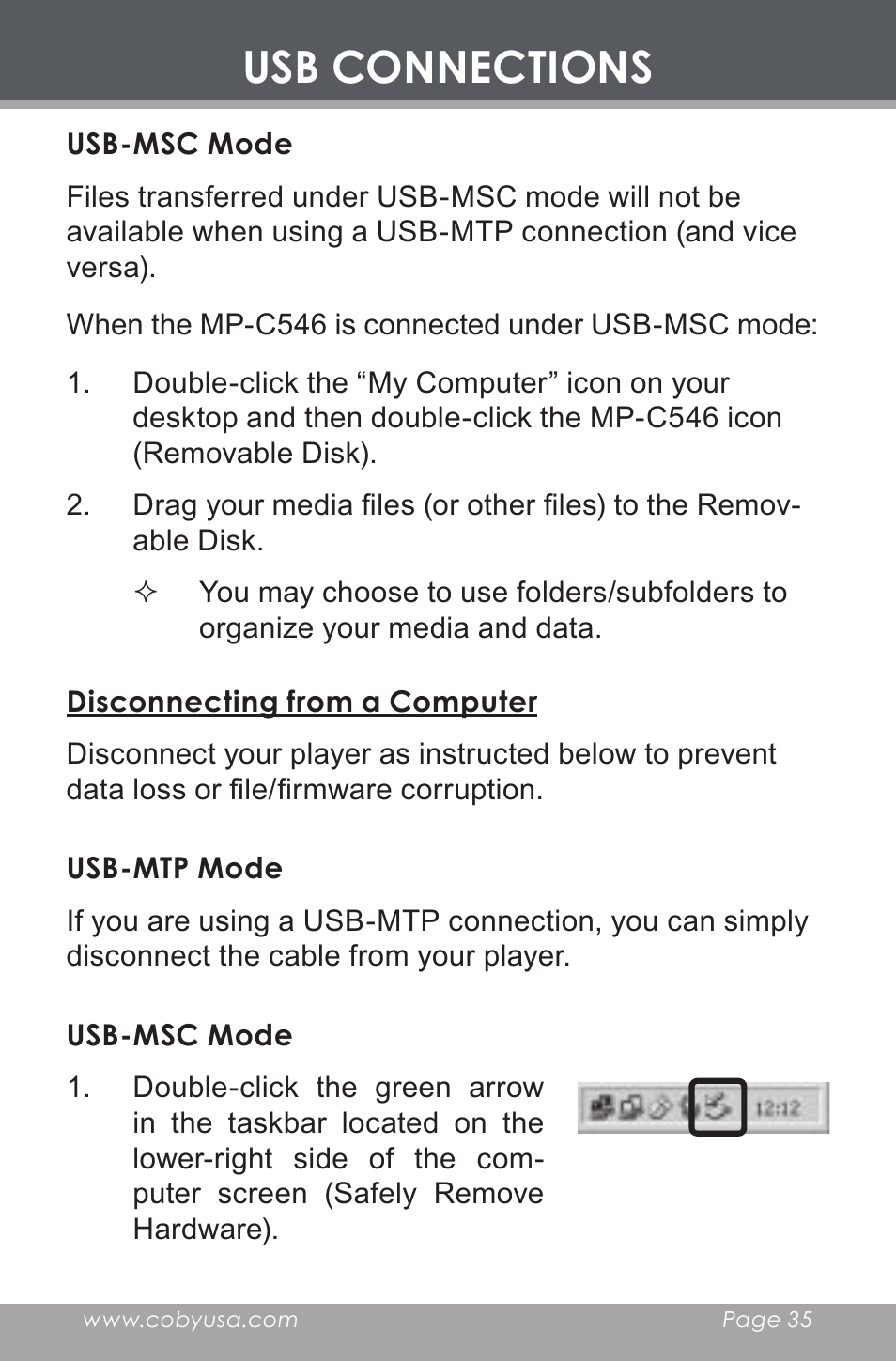 Usb-msc mode, Disconnecting from a computer, Usb-mtp mode | Usb connections | COBY electronic MP-C546 User Manual | Page 35 / 44