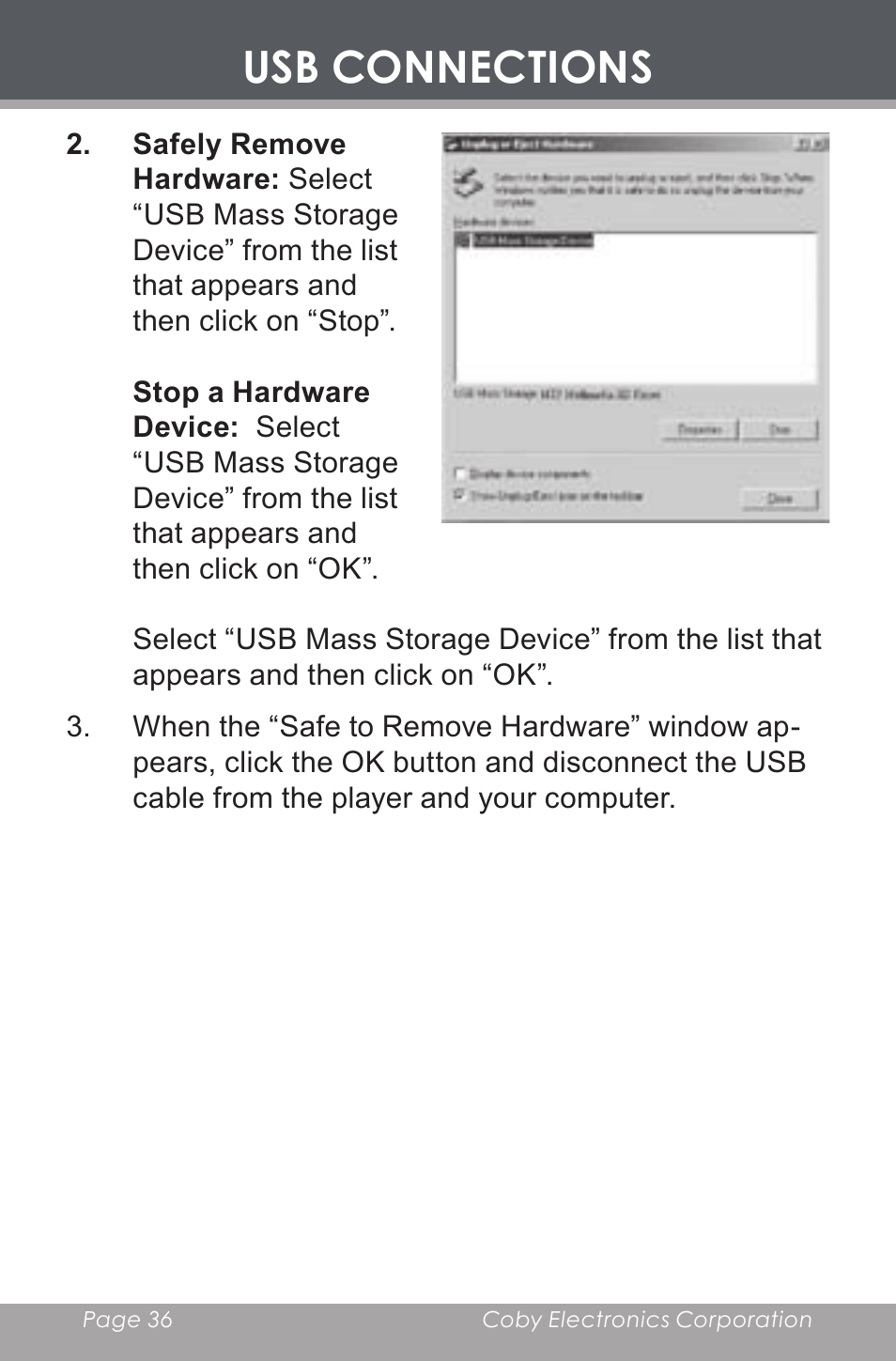 Usb connections | COBY electronic MP-C546 User Manual | Page 36 / 44