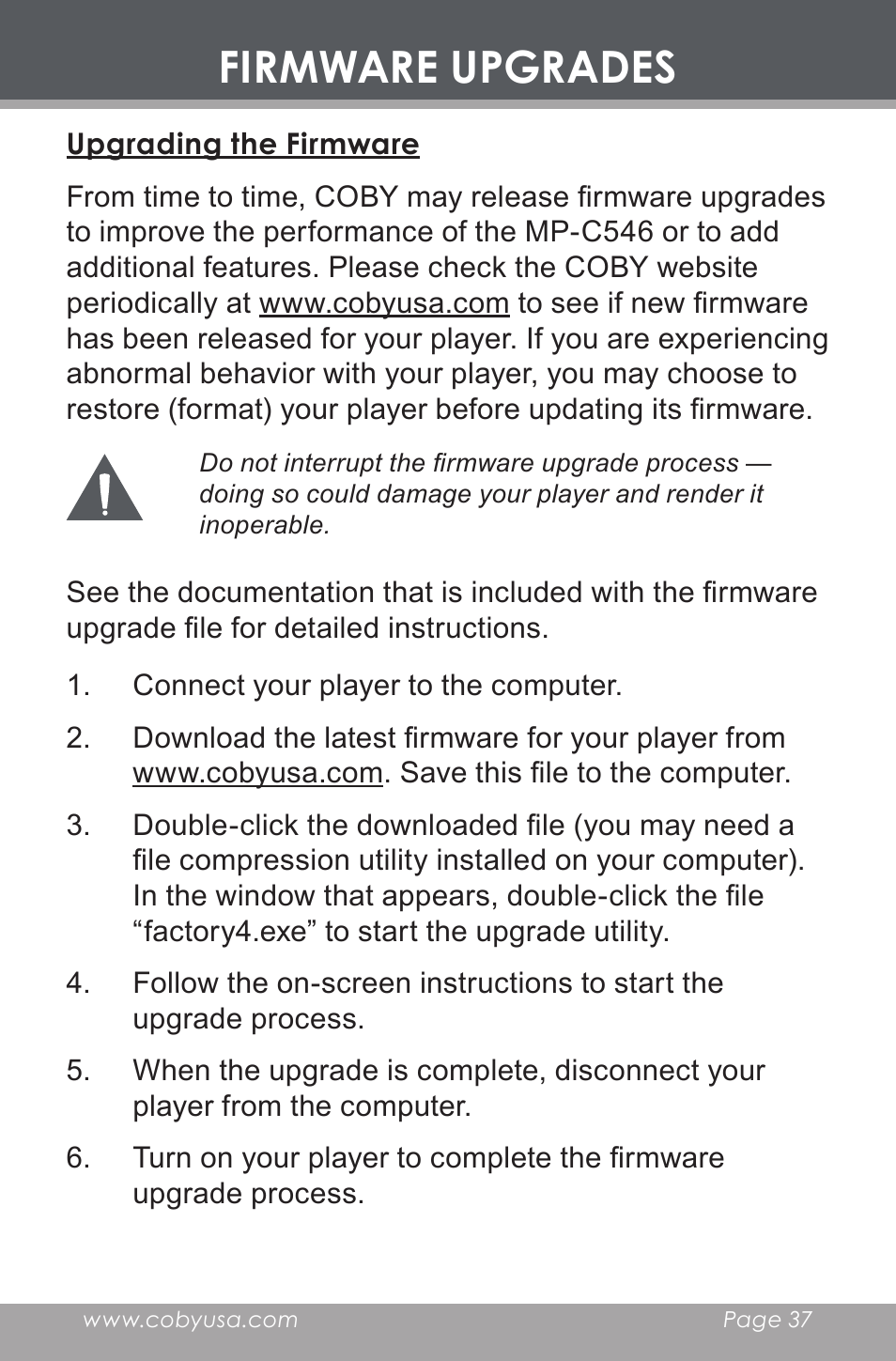 Firmware upgrades, Upgrading the firmware | COBY electronic MP-C546 User Manual | Page 37 / 44