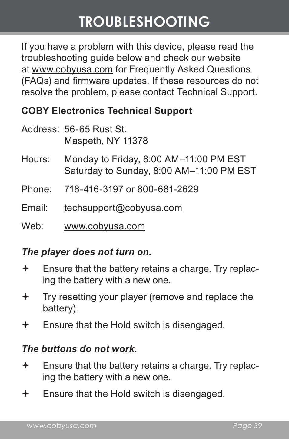 Troubleshooting | COBY electronic MP-C546 User Manual | Page 39 / 44