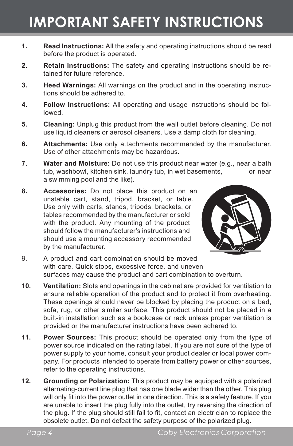 Important safety instructions | COBY electronic MP-C546 User Manual | Page 4 / 44