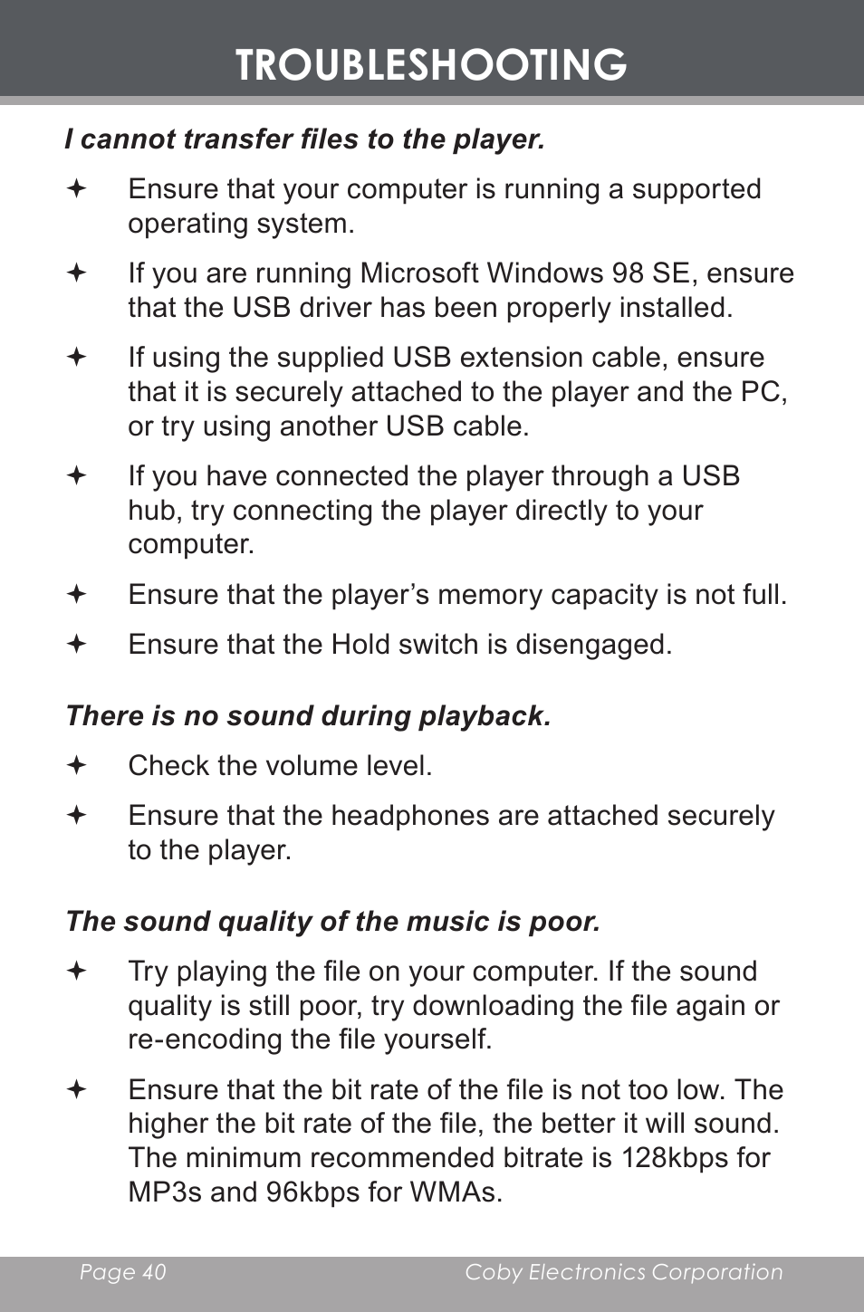 Troubleshooting | COBY electronic MP-C546 User Manual | Page 40 / 44