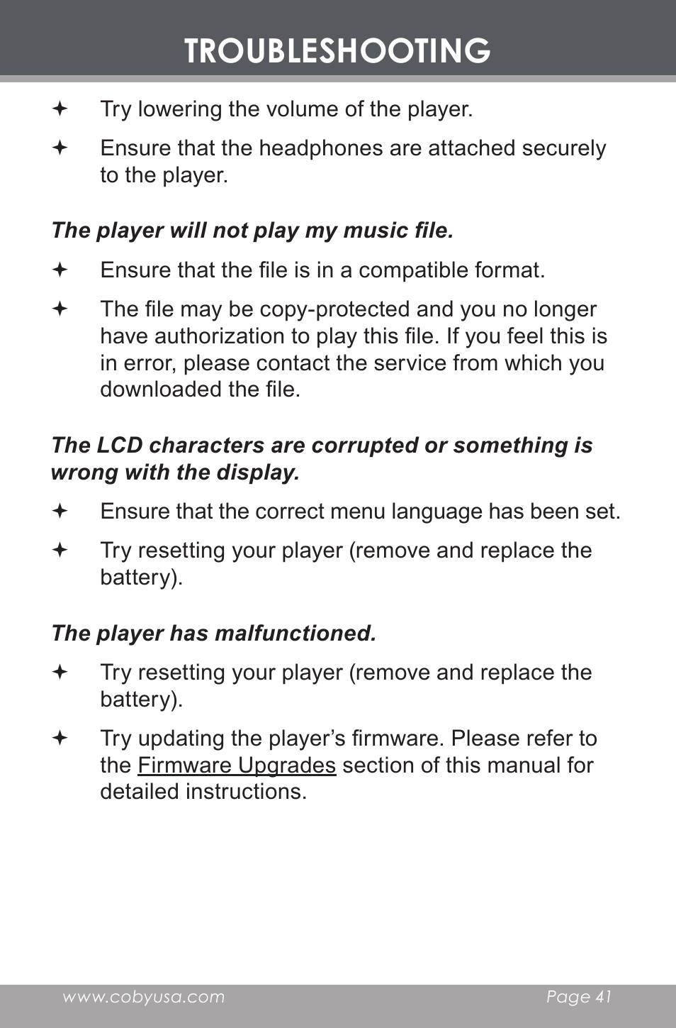 Troubleshooting | COBY electronic MP-C546 User Manual | Page 41 / 44