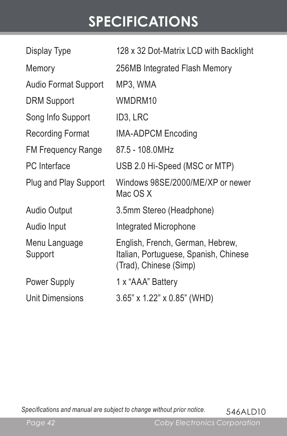 Specifications | COBY electronic MP-C546 User Manual | Page 42 / 44