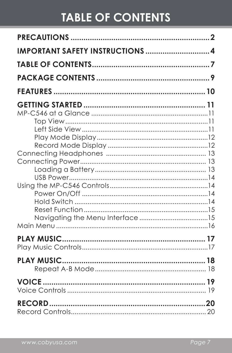 COBY electronic MP-C546 User Manual | Page 7 / 44