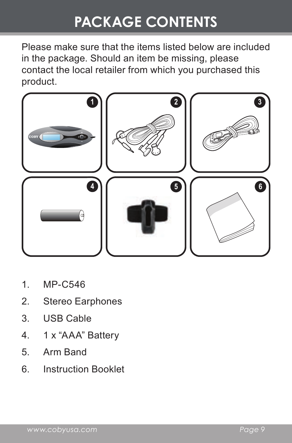 Package contents | COBY electronic MP-C546 User Manual | Page 9 / 44