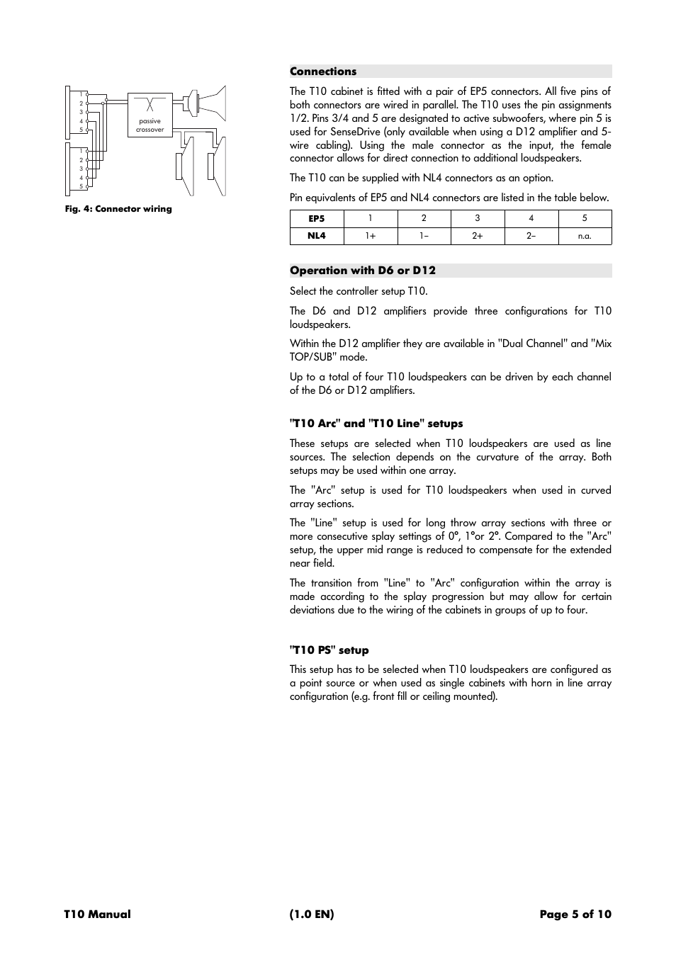 Connections, Operation with d6 or d12 | d&b T10 User Manual | Page 5 / 10