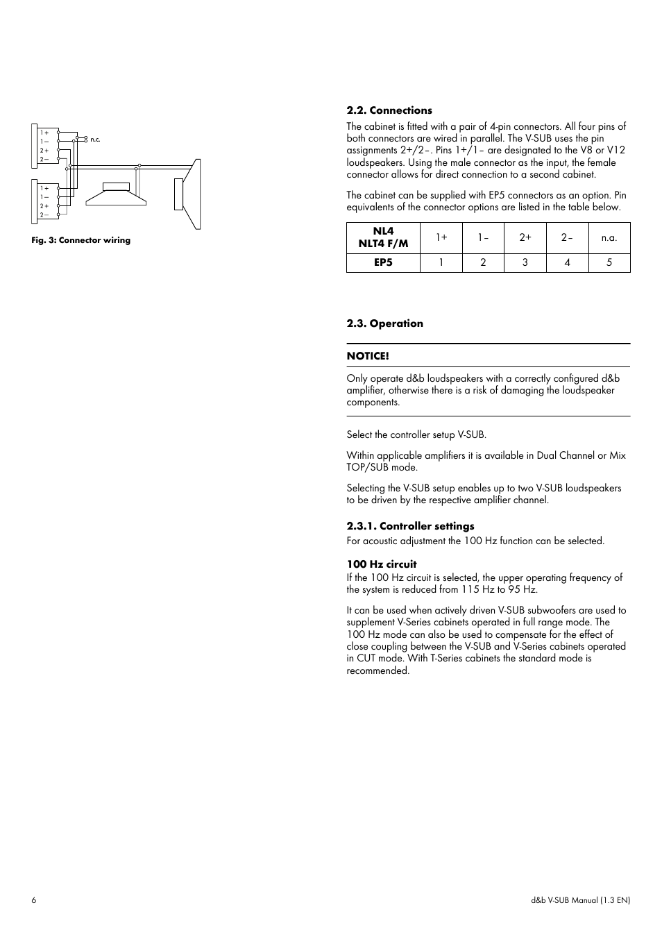 Connections, Operation, Controller settings | d&b V-SUB User Manual | Page 6 / 9