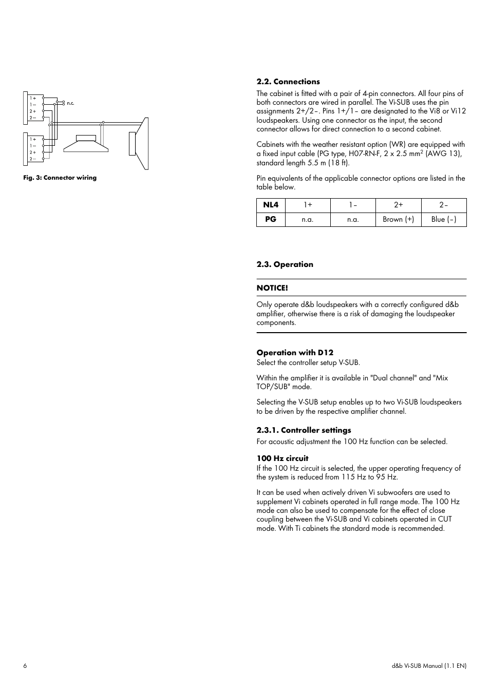 Connections, Operation, Controller settings | d&b Vi-SUB User Manual | Page 6 / 9